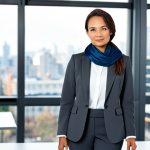 A professional businesswoman in her early 30s, standing confidently in a modern, well-lit office. She is fully clothed in a modest, charcoal grey pantsuit with a crisp white shirt, subtly accessorized with a deep blue silk scarf. The background features blurred, contemporary office furniture and a large window offering a soft city view. Perfect anatomy, correct proportions, natural pose, well-formed hands, proper finger count, natural body proportions. Professional photography, high quality, sharp focus, natural lighting, safe for work, appropriate content, fully clothed, professional dress.