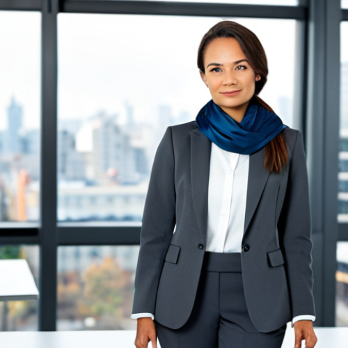 A professional businesswoman in her early 30s, standing confidently in a modern, well-lit office. She is fully clothed in a modest, charcoal grey pantsuit with a crisp white shirt, subtly accessorized with a deep blue silk scarf. The background features blurred, contemporary office furniture and a large window offering a soft city view. Perfect anatomy, correct proportions, natural pose, well-formed hands, proper finger count, natural body proportions. Professional photography, high quality, sharp focus, natural lighting, safe for work, appropriate content, fully clothed, professional dress.