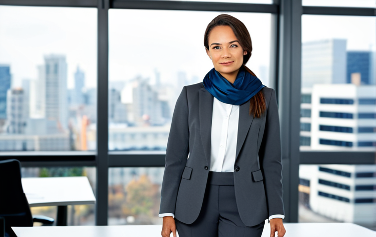 A professional businesswoman in her early 30s, standing confidently in a modern, well-lit office. She is fully clothed in a modest, charcoal grey pantsuit with a crisp white shirt, subtly accessorized with a deep blue silk scarf. The background features blurred, contemporary office furniture and a large window offering a soft city view. Perfect anatomy, correct proportions, natural pose, well-formed hands, proper finger count, natural body proportions. Professional photography, high quality, sharp focus, natural lighting, safe for work, appropriate content, fully clothed, professional dress.
