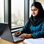 **

A professional businesswoman in a modest shalwar kameez, working on a laptop in a modern office setting in Karachi, Pakistan. The office has large windows overlooking the city. Focus on perfect anatomy, natural proportions, and well-formed hands. Fully clothed, appropriate attire. Safe for work, family-friendly, high quality.

**
