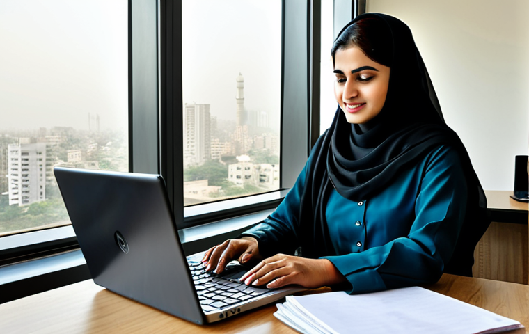 **
A professional businesswoman in a modest shalwar kameez, working on a laptop in a modern office setting in Karachi, Pakistan. The office has large windows overlooking the city. Focus on perfect anatomy, natural proportions, and well-formed hands. Fully clothed, appropriate attire. Safe for work, family-friendly, high quality.
**
