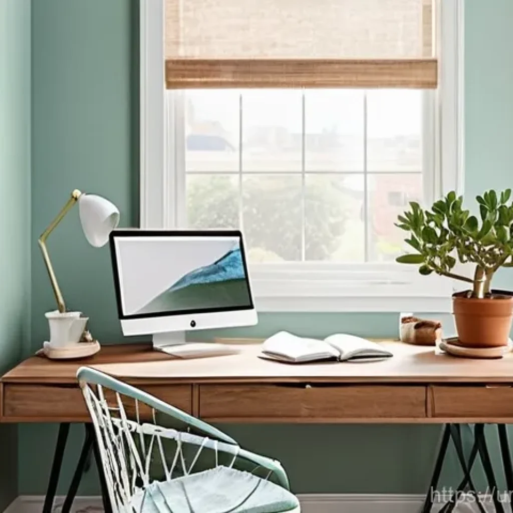 색채와 공간 인식의 심리학 - **Prompt 1: Serene and Productive Home Office**
    A brightly lit, modern home office space filled ...