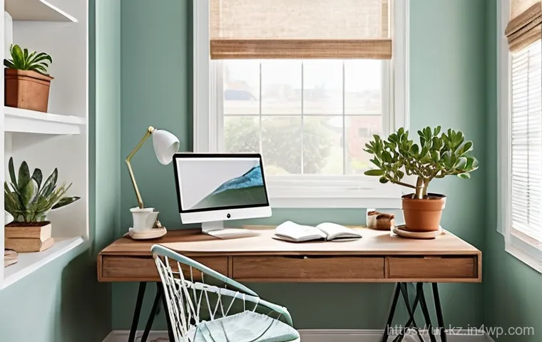 색채와 공간 인식의 심리학 - **Prompt 1: Serene and Productive Home Office**
    A brightly lit, modern home office space filled ...