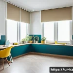 창의적인 작업 공간에서의 색채 활용 - A modern creative workspace designed for a professional in Pakistan, featuring light blue and soft g...