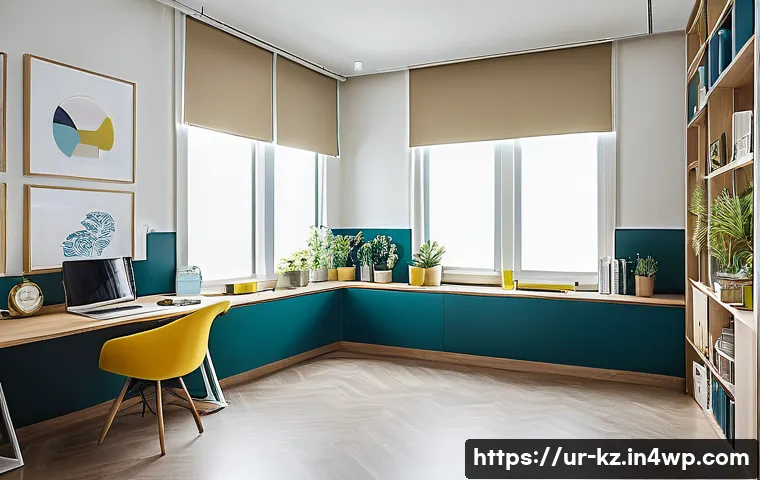 창의적인 작업 공간에서의 색채 활용 - A modern creative workspace designed for a professional in Pakistan, featuring light blue and soft g...