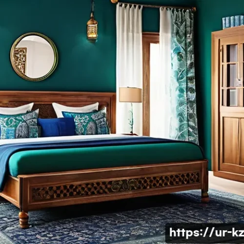 컬러 이론을 통한 감정 표현 방법 - A serene and harmonious bedroom interior inspired by Urdu cultural aesthetics, featuring a soothing ...