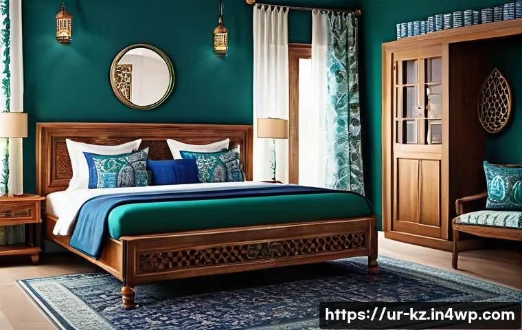 컬러 이론을 통한 감정 표현 방법 - A serene and harmonious bedroom interior inspired by Urdu cultural aesthetics, featuring a soothing ...