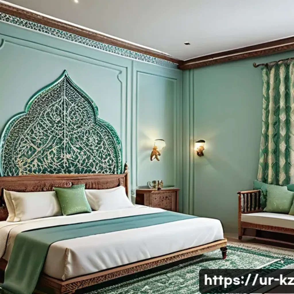 색채가 감정에 미치는 영향 - A serene bedroom interior inspired by Urdu cultural aesthetics, featuring walls painted in soothing ...