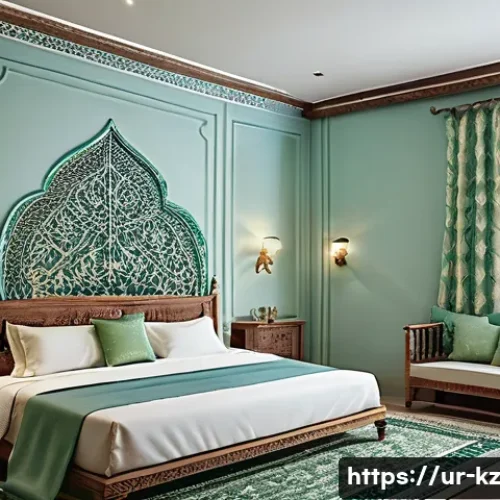 색채가 감정에 미치는 영향 - A serene bedroom interior inspired by Urdu cultural aesthetics, featuring walls painted in soothing ...