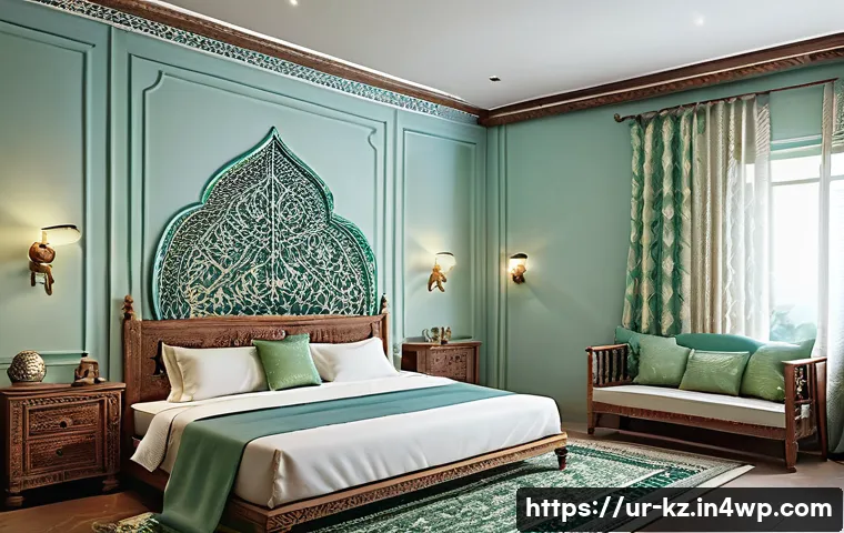 색채가 감정에 미치는 영향 - A serene bedroom interior inspired by Urdu cultural aesthetics, featuring walls painted in soothing ...