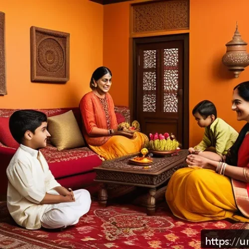 색채에 대한 감정적 반응의 개인 차이 - A culturally rich scene depicting a traditional South Asian family gathering in a vibrant living roo...