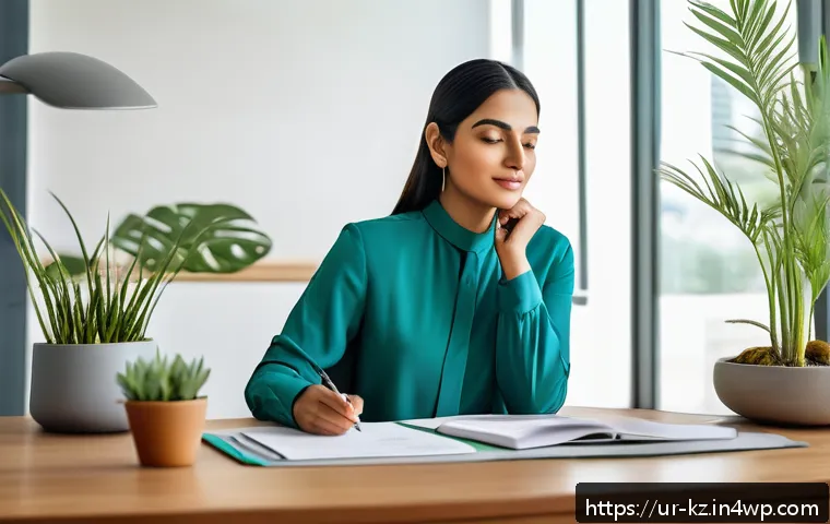 색상 별 심리적 효과 분석 - A serene office interior bathed in calming shades of blue and green, featuring modern furniture with...